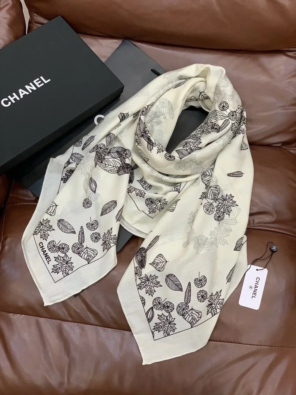 CHANEL Leaf Print Lightweight Scarf